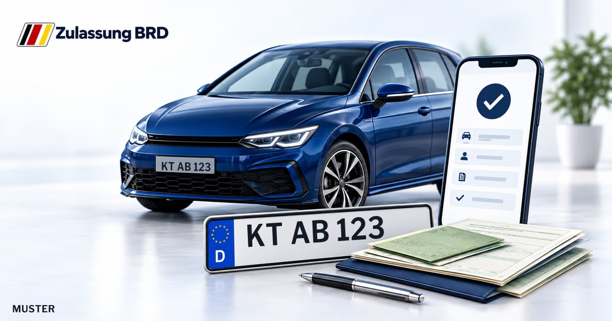Online Fahrzeugzulassung in Kitzingen: Musterkennzeichen KT AB 123, Auto und Fahrzeugpapiere und Smartphone. Illustration mit Logo von Zulassung BRD.
